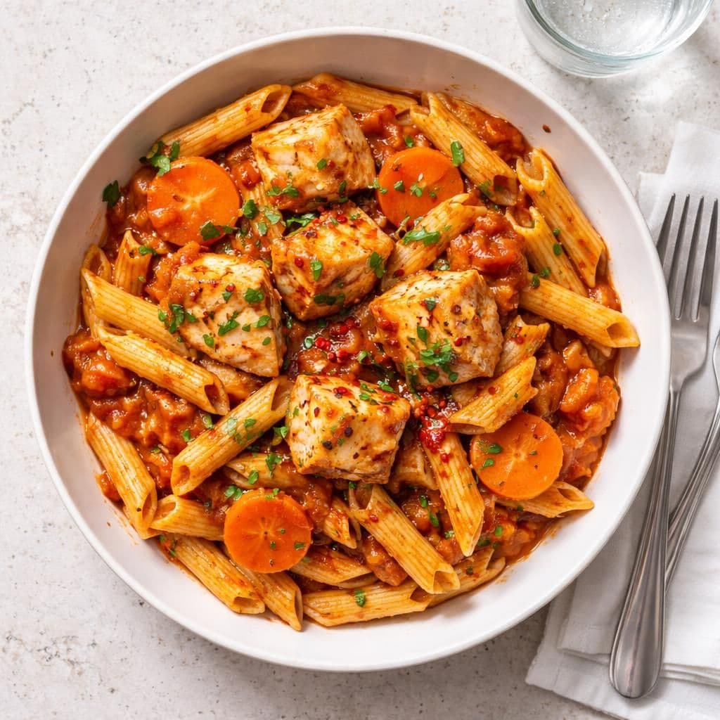 Torsk i tomatsaus med penne og gulrot