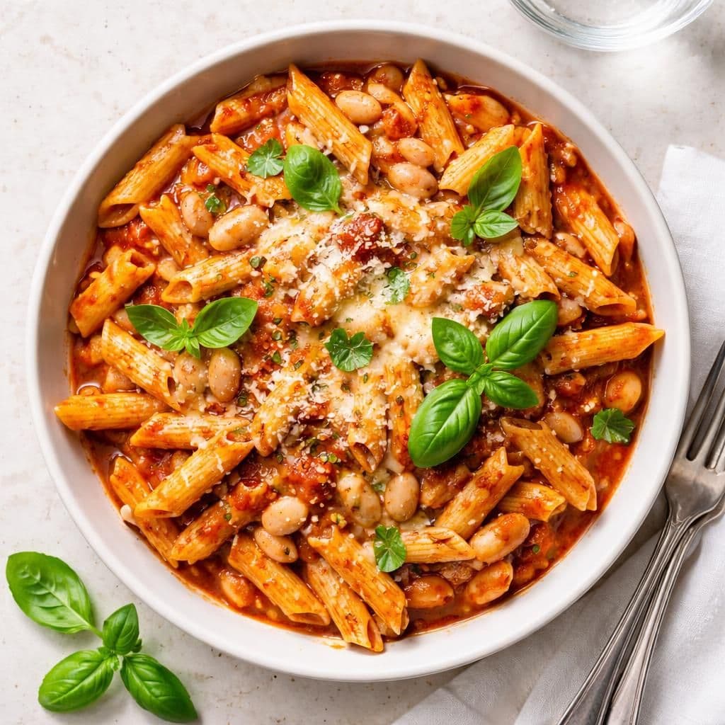 Pasta penne i krydret tomatsaus med hvite bønner