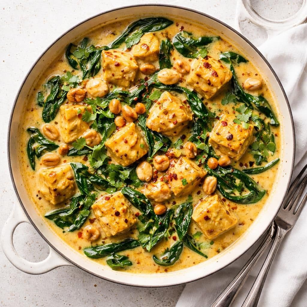 Sei i karripanne med spinat og cashewnøtter