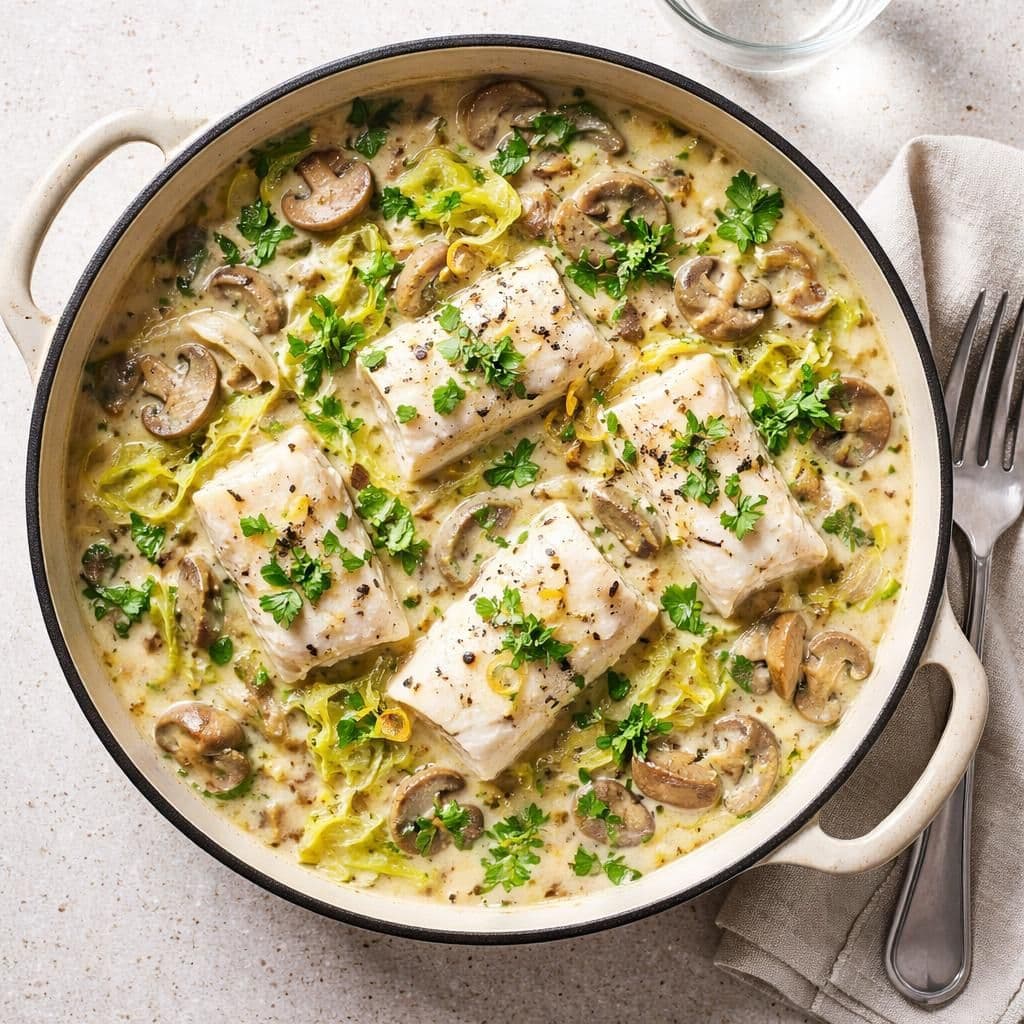 Torsk i gryte med sjampinjong og nykål