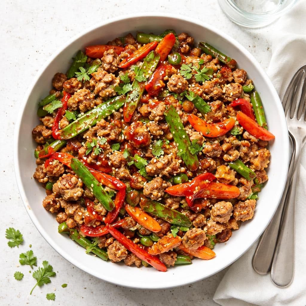 Wokstekt svinekjøttdeig med grønnsaker