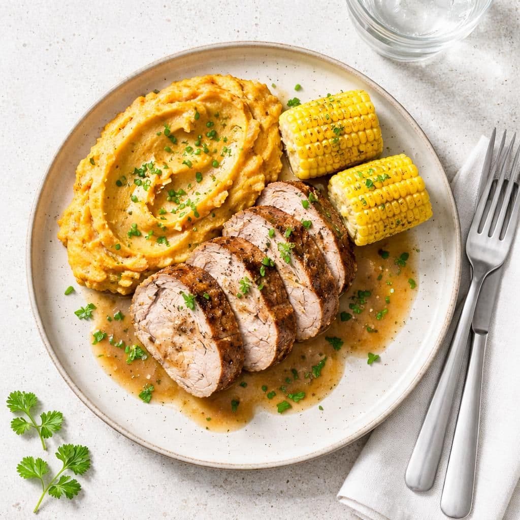 Stekt svin indrefilet med søtpotetstuing og mais