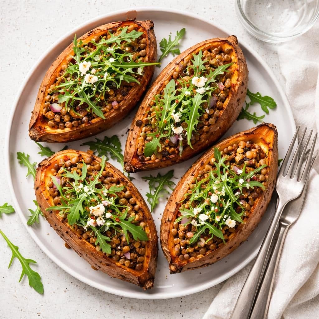 Bakte søtpoteter med linser og ruccula