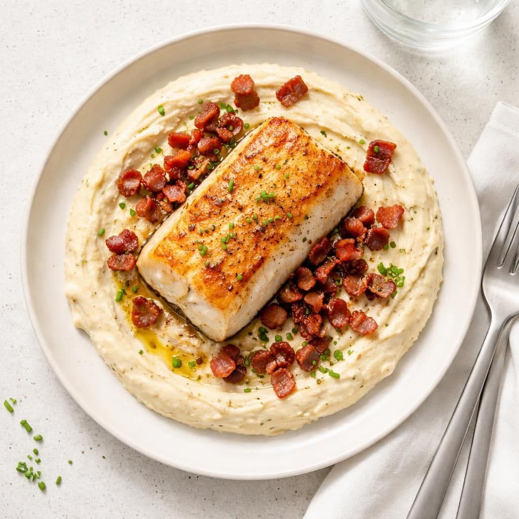 Stekt torsk med blomkålpuré og stjernebacon