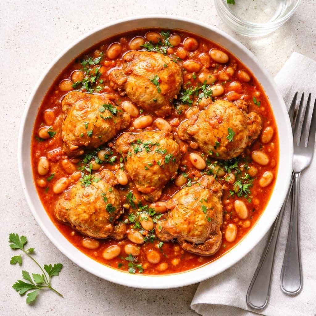 Stekt kylling med hvite bønner i tomatsaus