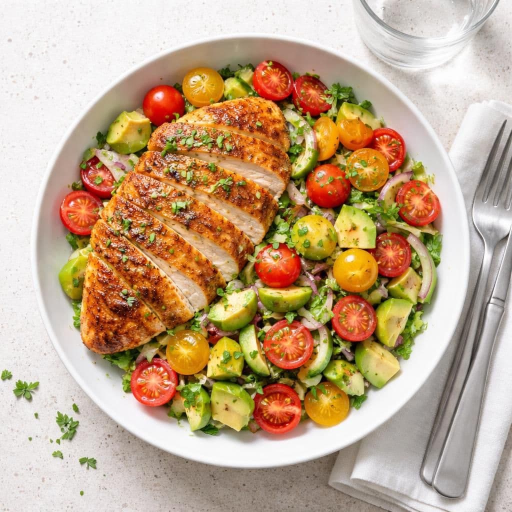 Stekt kyllingfilet med perletomatsalat og avokado