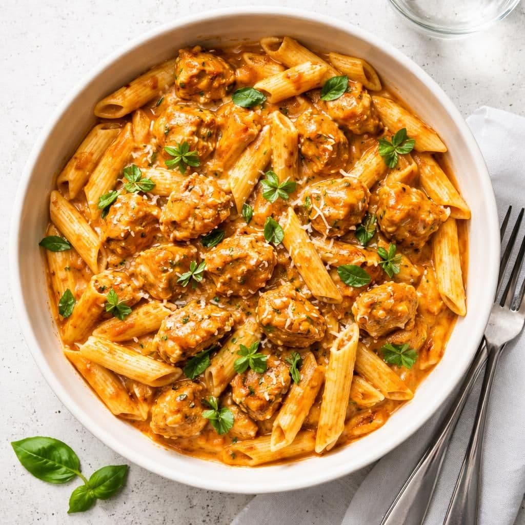 Stekt kylling i kremet tomatsaus med penne