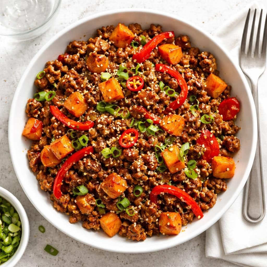 Wokstekt oksekjøttdeig med spisspaprika og søtpotet