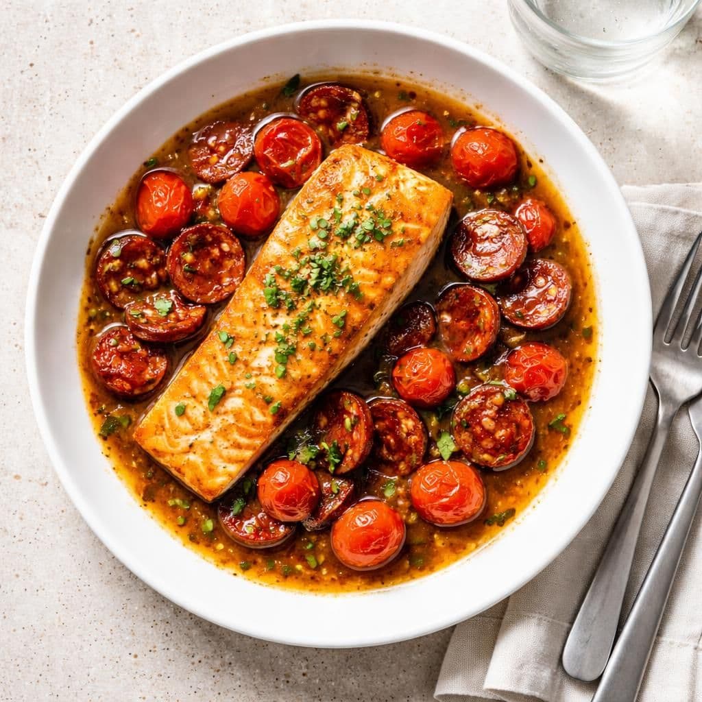 Laksefilet med chorizo og perletomater