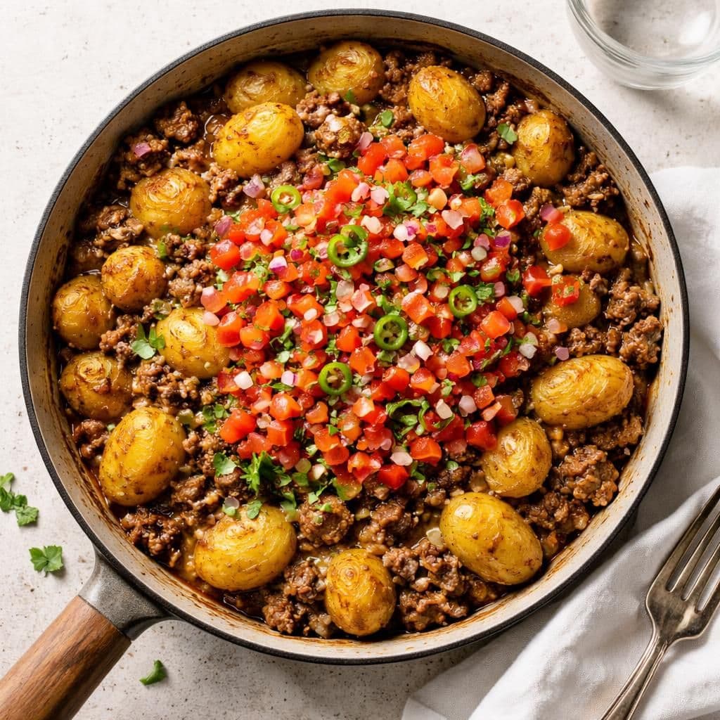 Grytestekt oksekjøttdeig med poteter og tomatsalsa