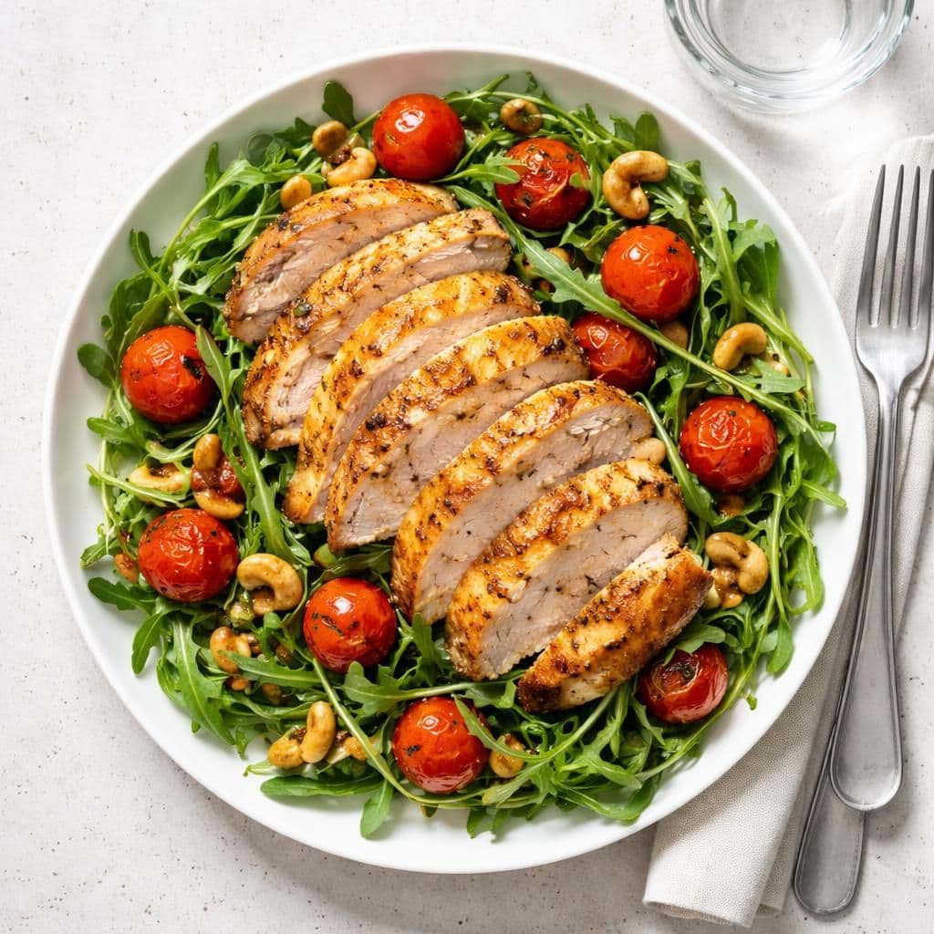 Kalkun i ovn med ruccolasalat og små tomater