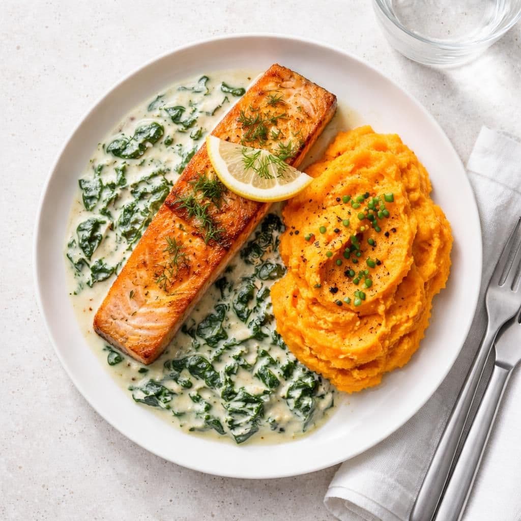 Stekt laks med kremet spinatsaus og søtpotetmos