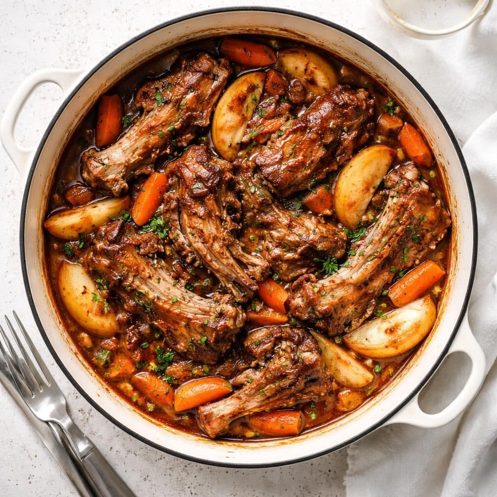 Grillribbe i gryte med gulrot og epler