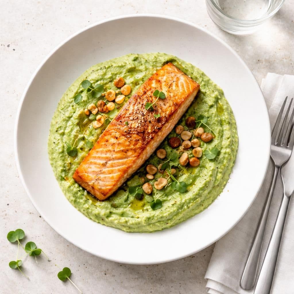 Stekt laks med brokkolipuré og ristede hasselnøtter