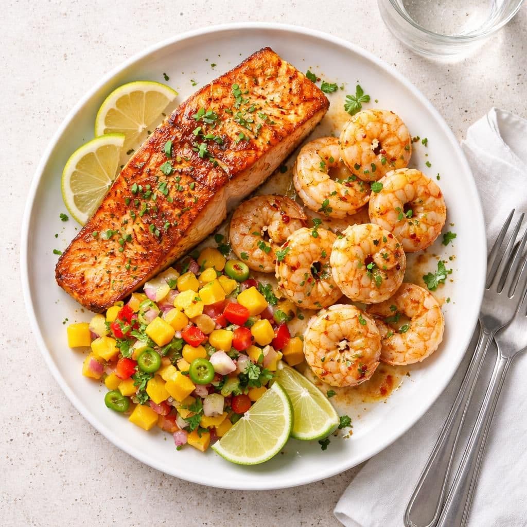 Stekt laks med hvitløkscampi og mangosalsa