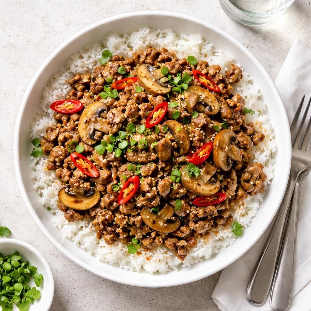 Wokstekt svinekjøttdeig med sopp og chili