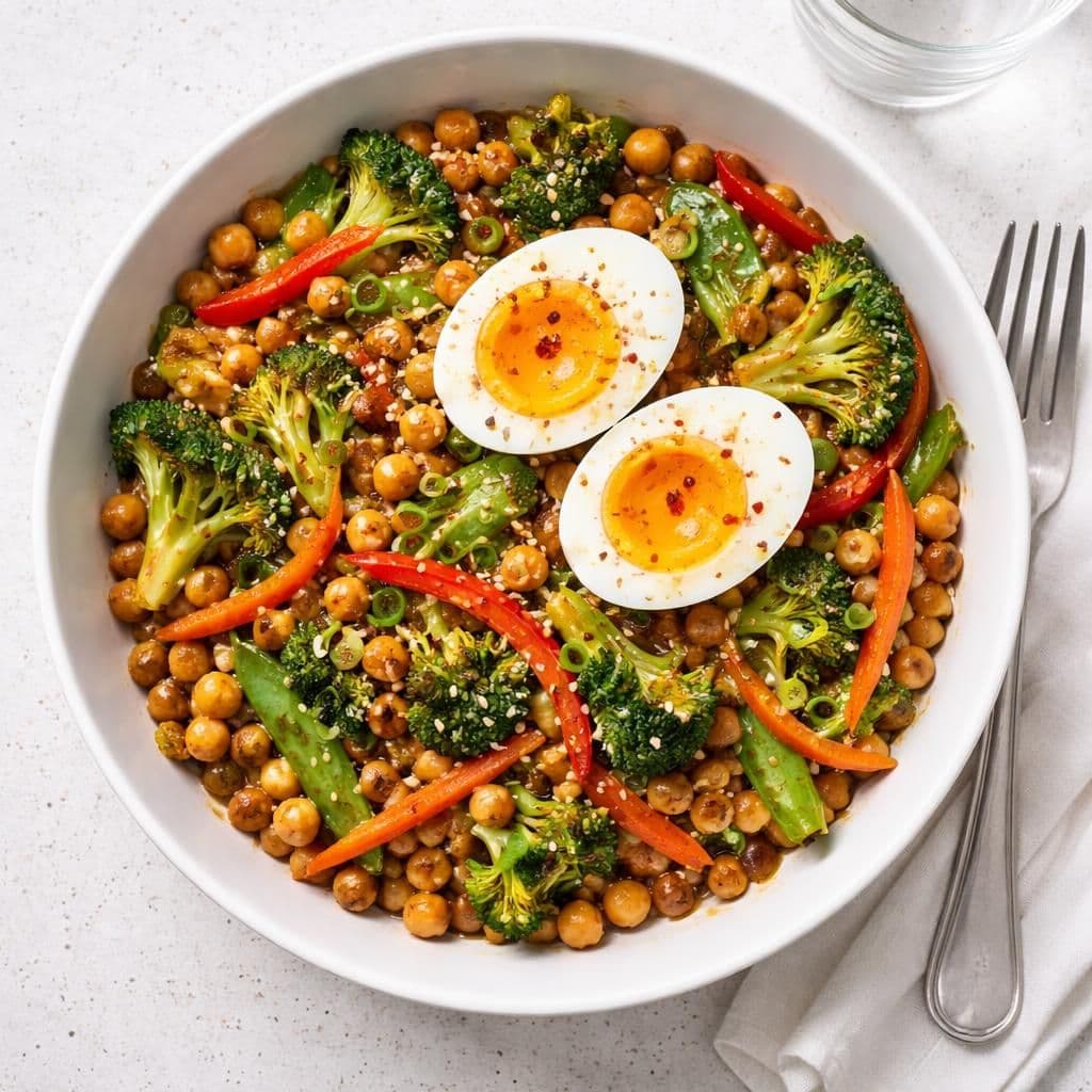 Wokstekt grønnsaksblanding med kikerter og egg