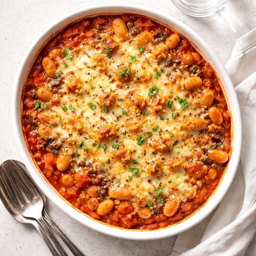 Bakte hvite bønner med tomat og ost