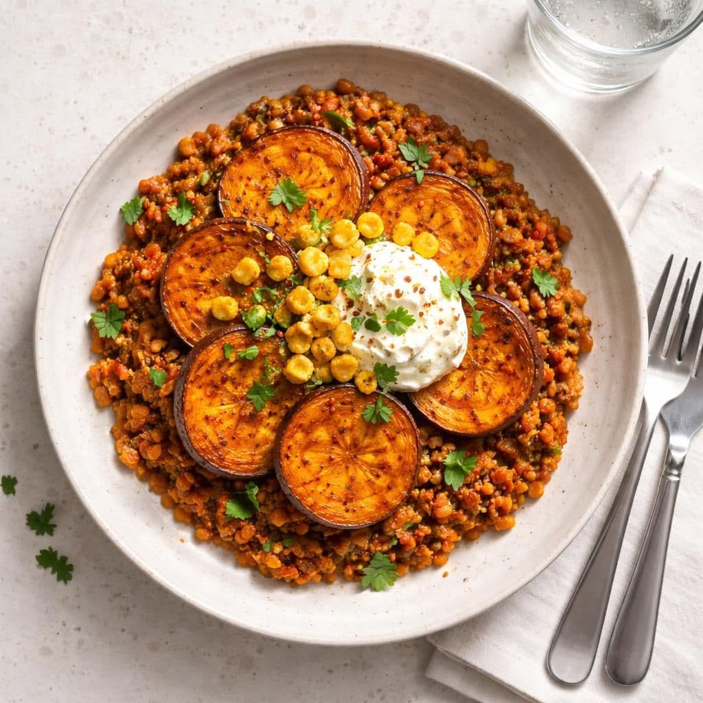 Stekt søtpotet med røde linser og crème fraîche