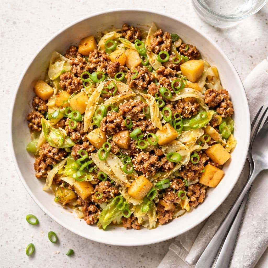 Wokstekt svinekjøttdeig med sommerkål og eple