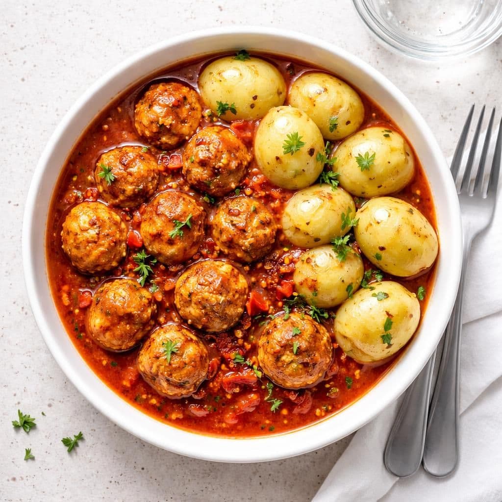 Stekt kyllingkjøttdeig i het tomatsaus med poteter