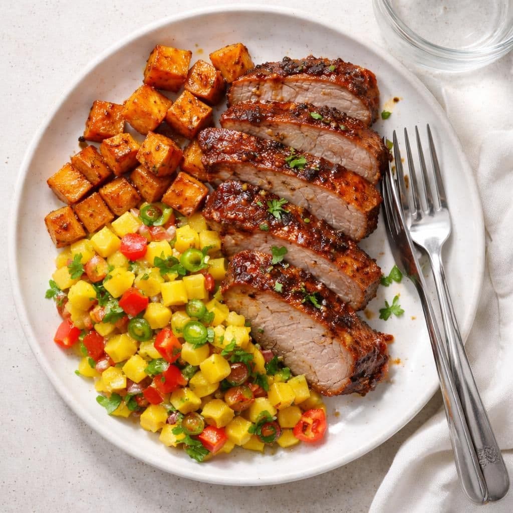 Ovnsbakt svin med søtpotet og mangosalsa