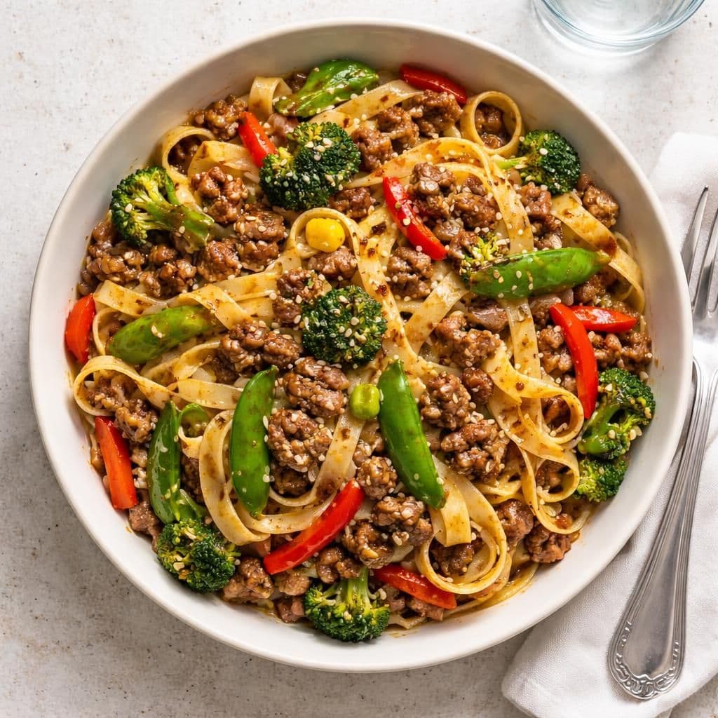 Wokstekt oksekjøttdeig med fryst grønnsaker og tagliatelle