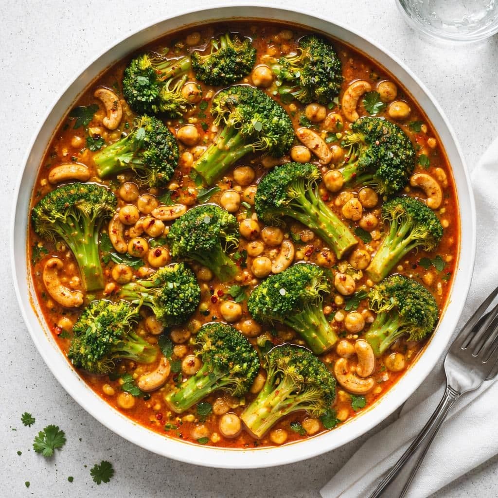 Stekt brokkoligryte med cashewnøtter og kikerter