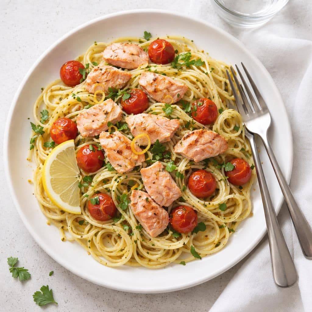 Spaghetti med laksefilet og perletomater