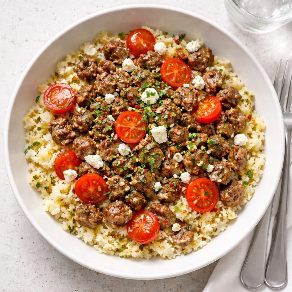 Stekt oksekjøttdeig med blomkålris og fetaost