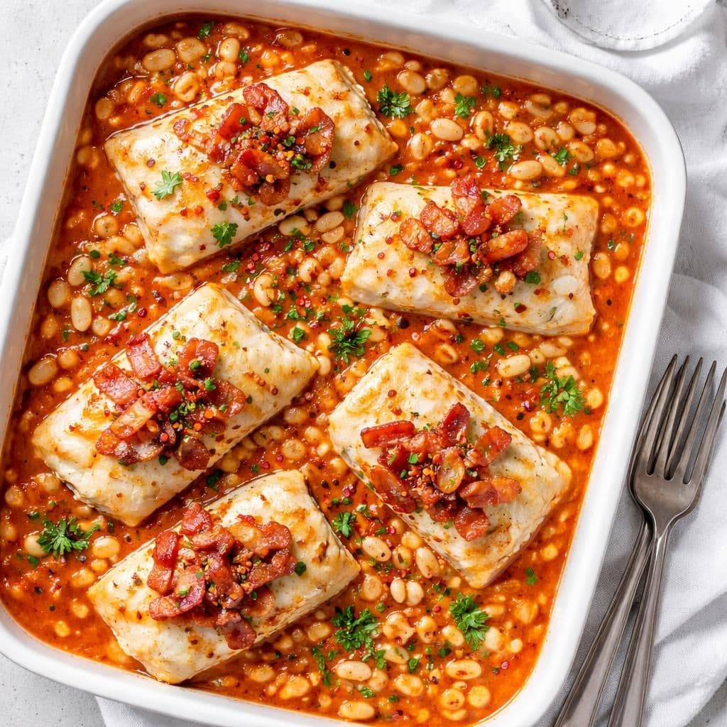 Torsk i ovn med bacon og hvite bønner