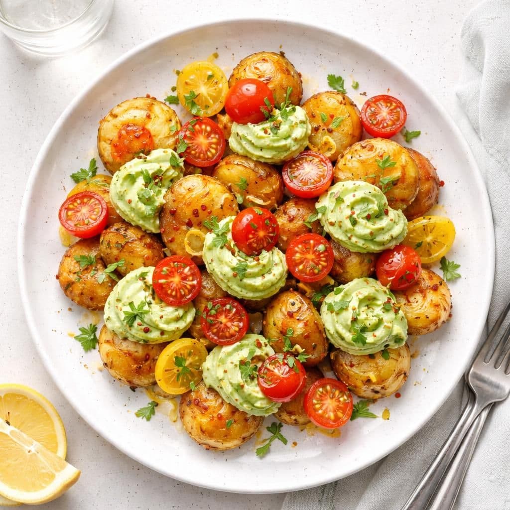 Stekte poteter med avokadokrem og perletomater