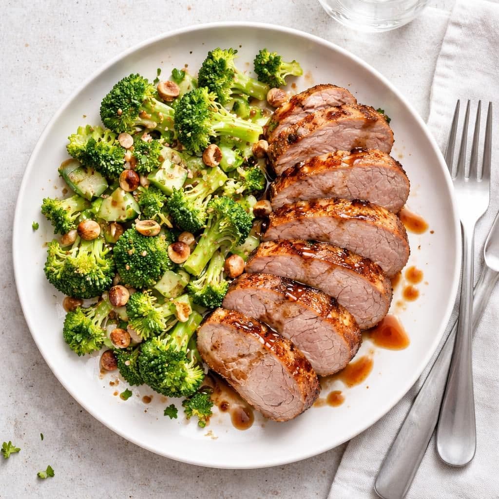 Stekt svin ytrefilet med brokkolisalat og ristet hasselnøtter