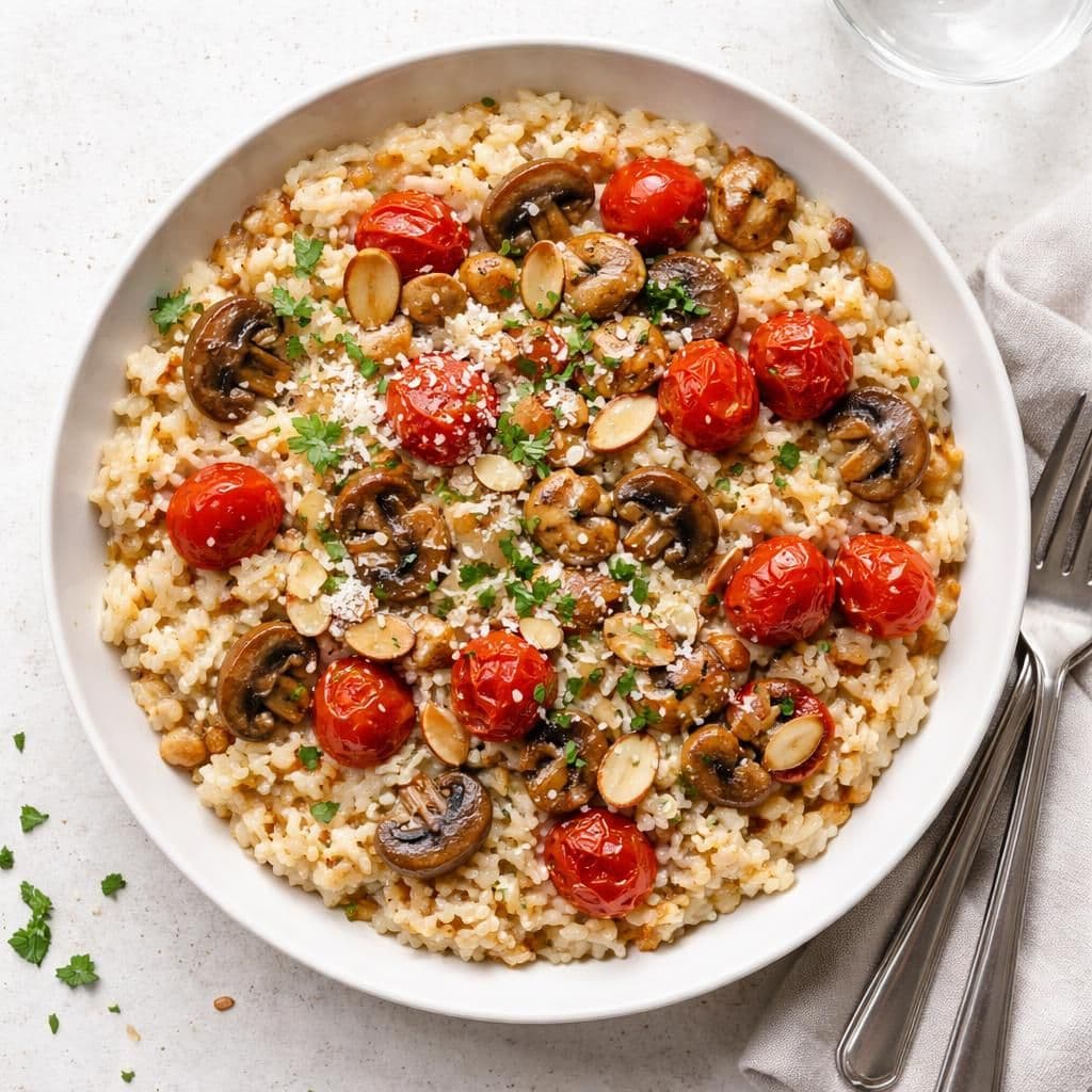 Stekt risotto med sjampinjong og perletomater