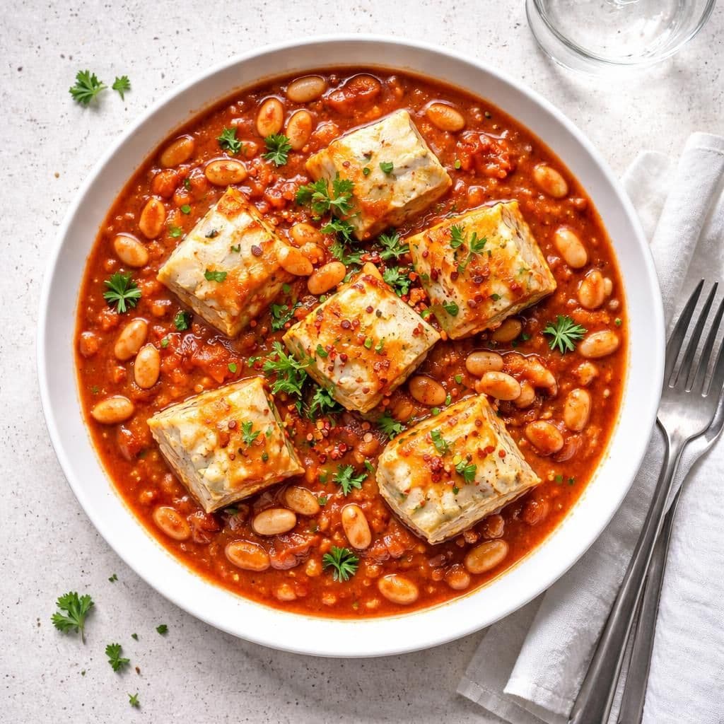 Sei i tomatsaus med hvite bønner