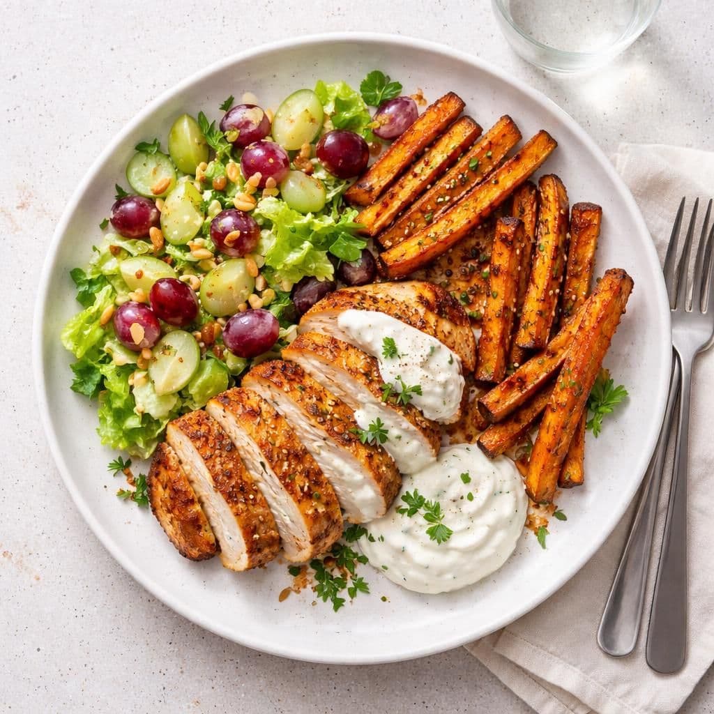 Saftig kyllingfilet med søtpotetstrimler og druepanacotta