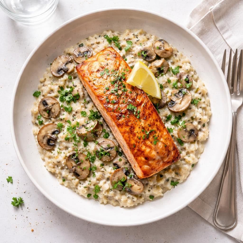 Stekt laksefilet med kremet risotto og sjampinjong