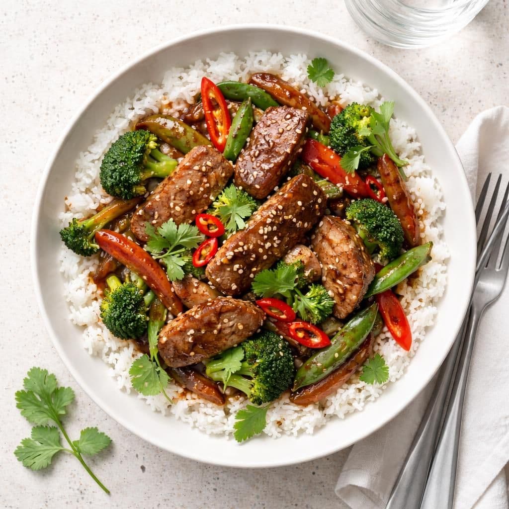 Wok med svinefilet og asiatisk black garlic-saus