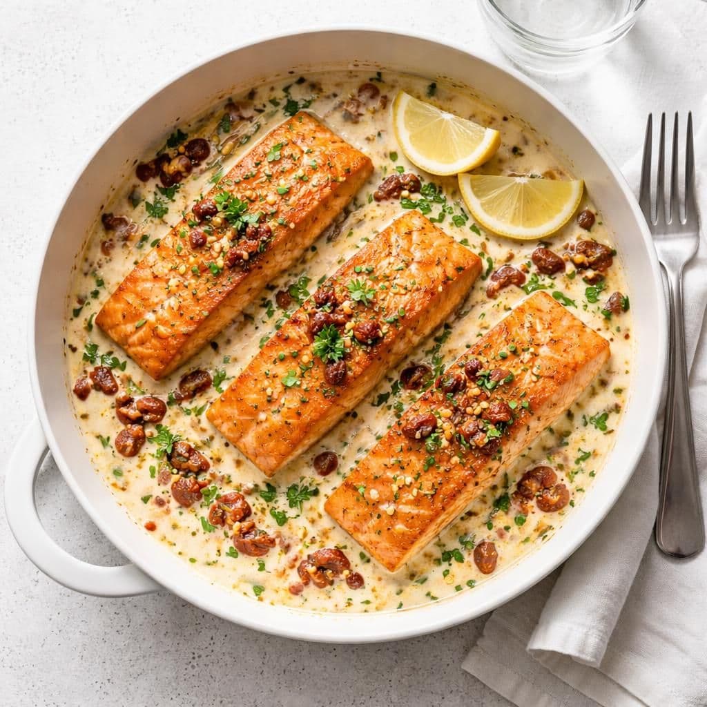 Stekt laks med soltørkede tomater og lettrømme