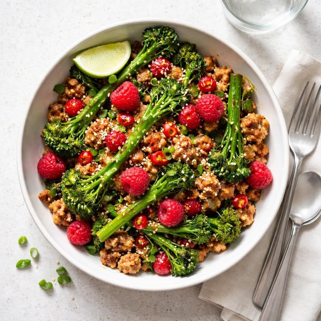 Svinedeig-wok med bringebær og brokkolini