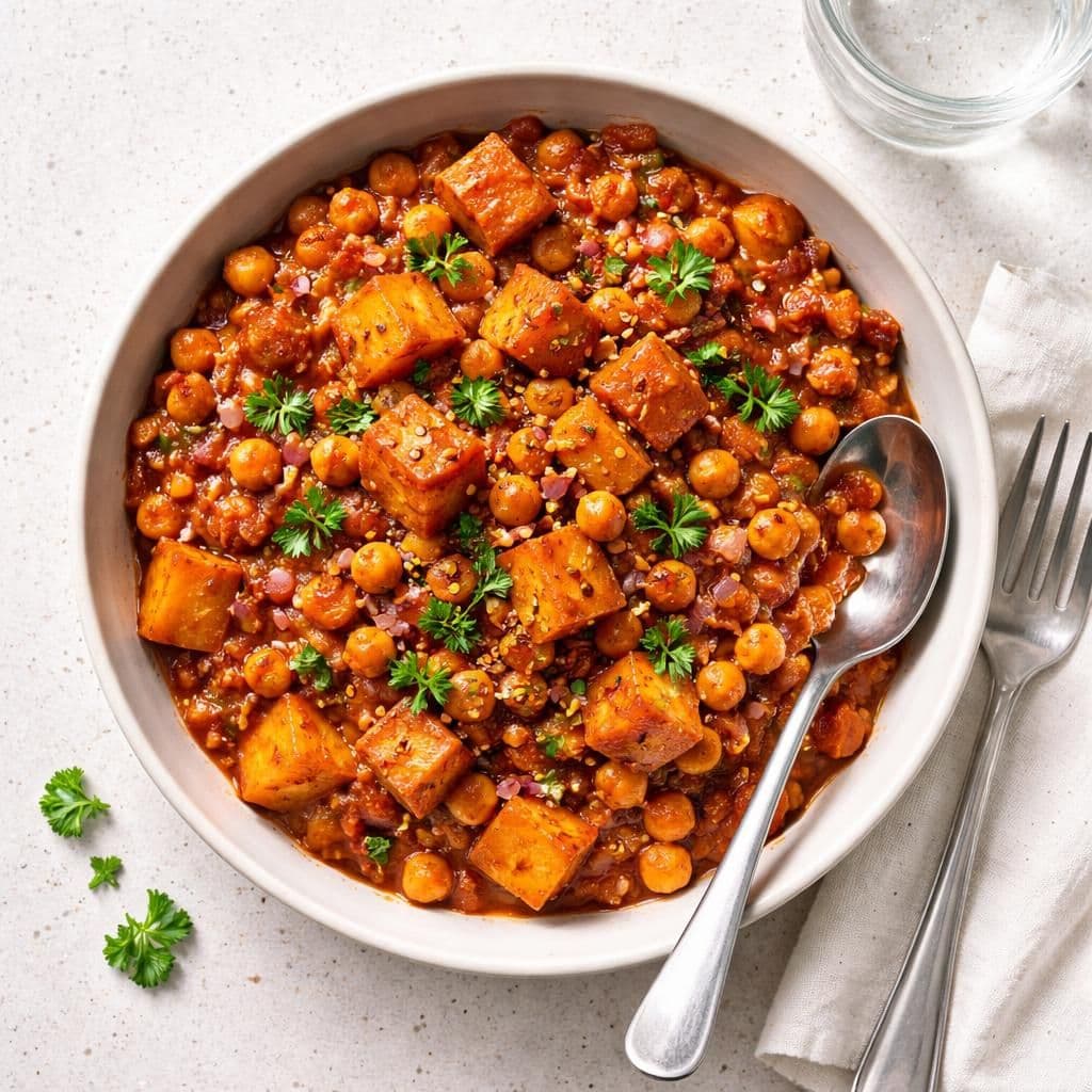 Ovnsbakt søtpotet med kikerter og spicy tomatsaus