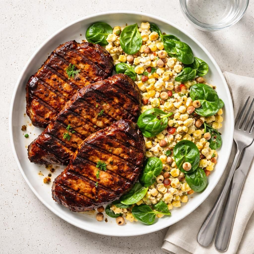 Grillet nakkekoteletter bbq med kremet maissalat og babyspinat