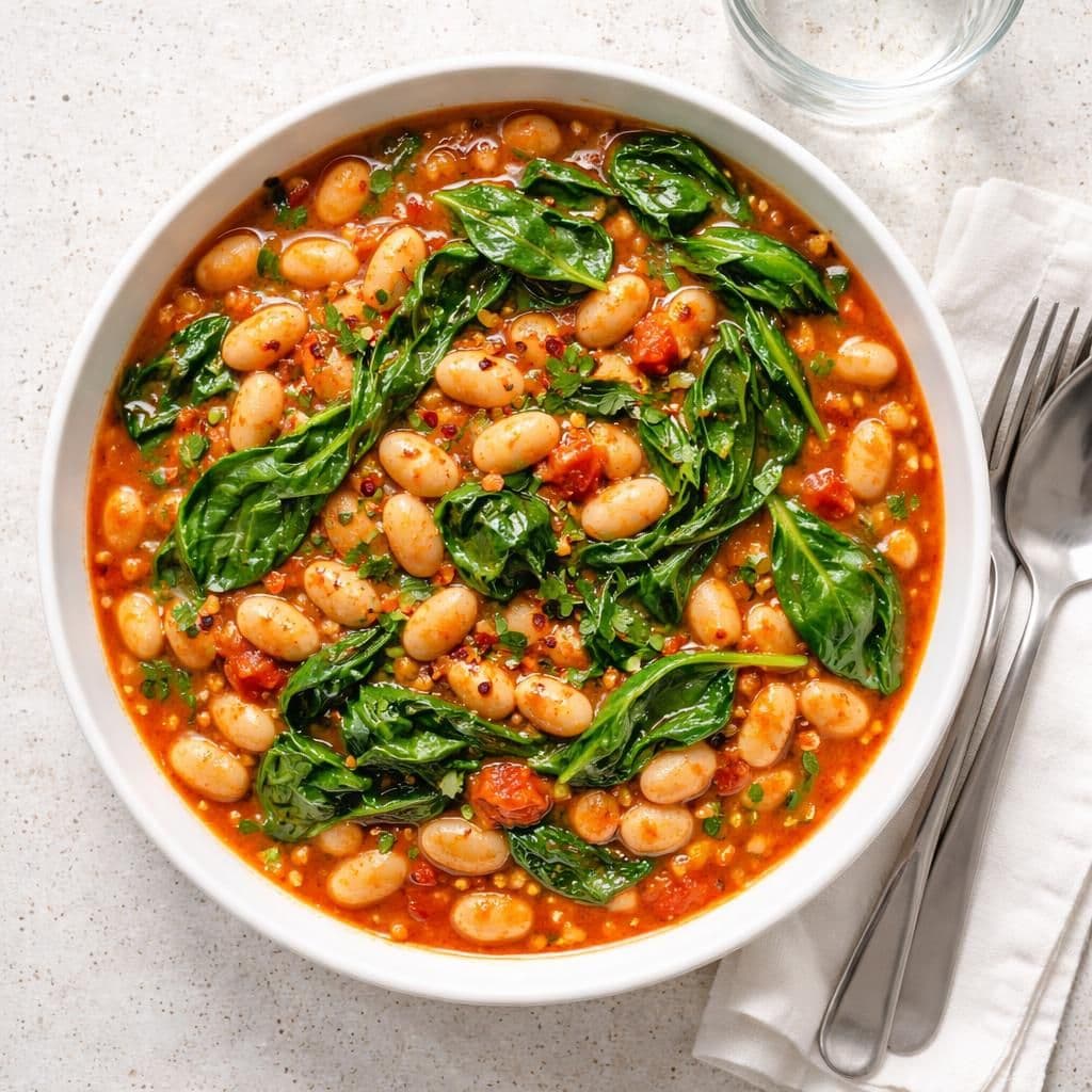 Kremete hvite bønner med stekt spinat