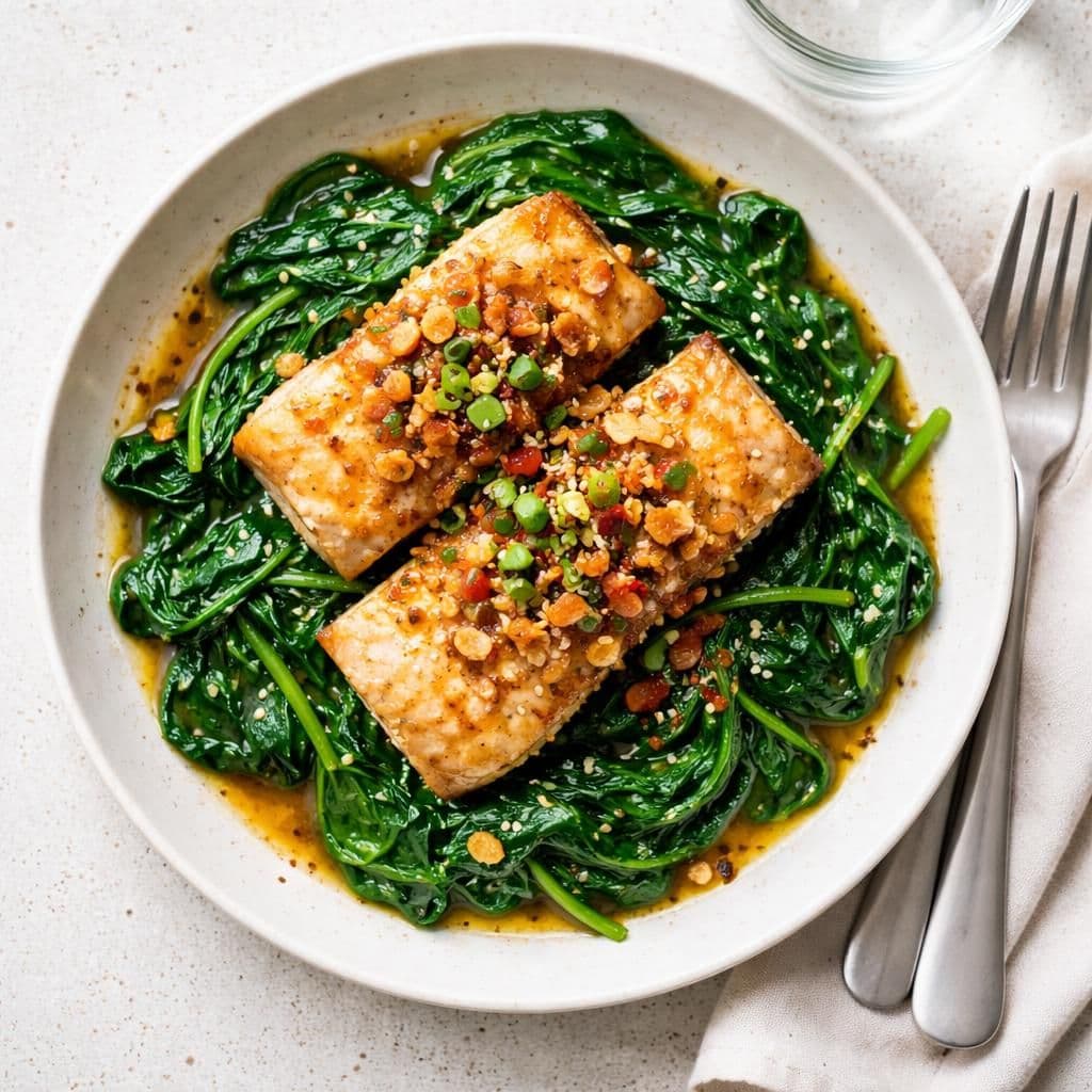 Asiatisk stekt torsk med babyspinat