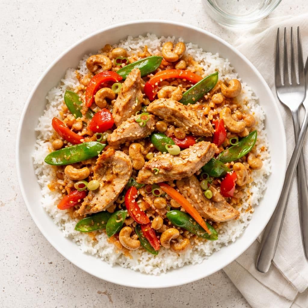 Wokstekt kalkunskiver med cashewnøtter og fargerik grønnsakswok