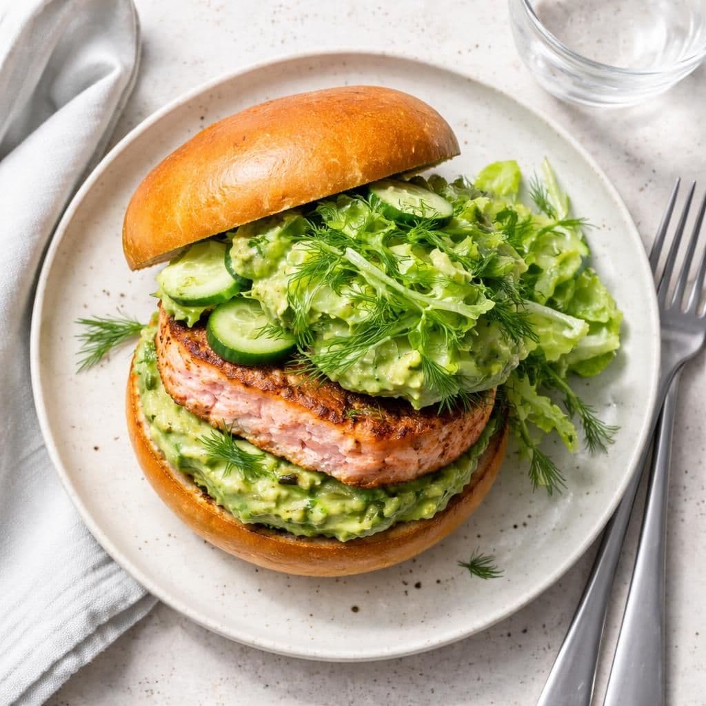 Lakseburger med avokadokrem og crispisalat