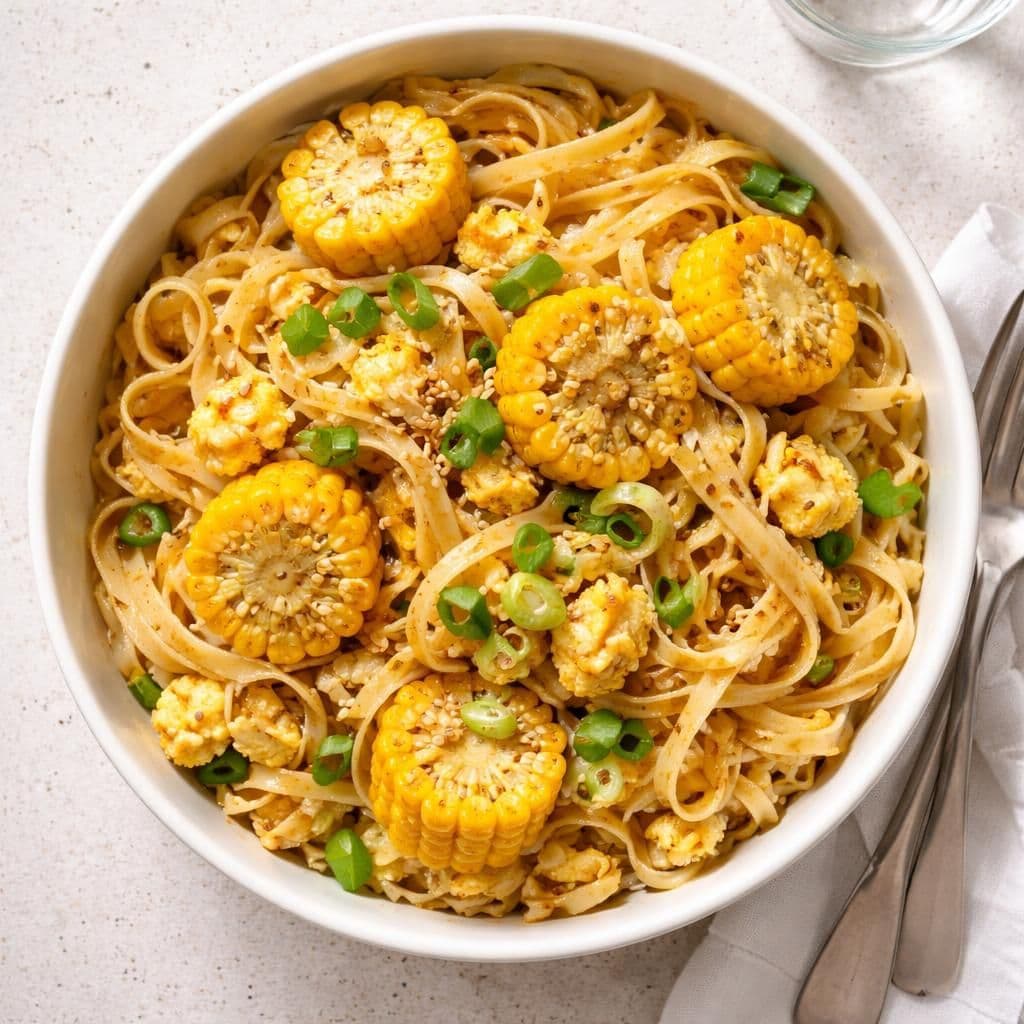 Wokstekte tagliatelle med egg og mais