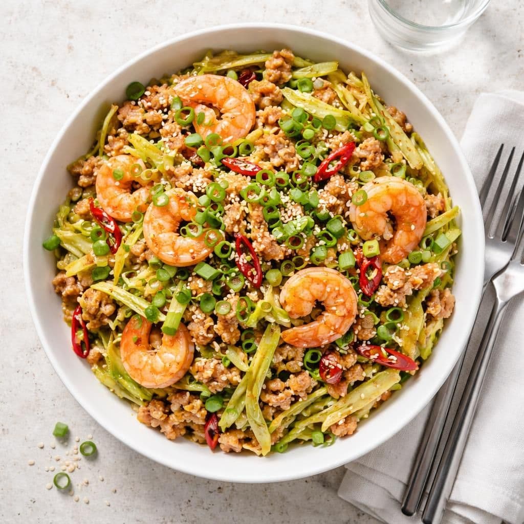 Wokstekt kyllingkjøttdeig med nykål og scampi