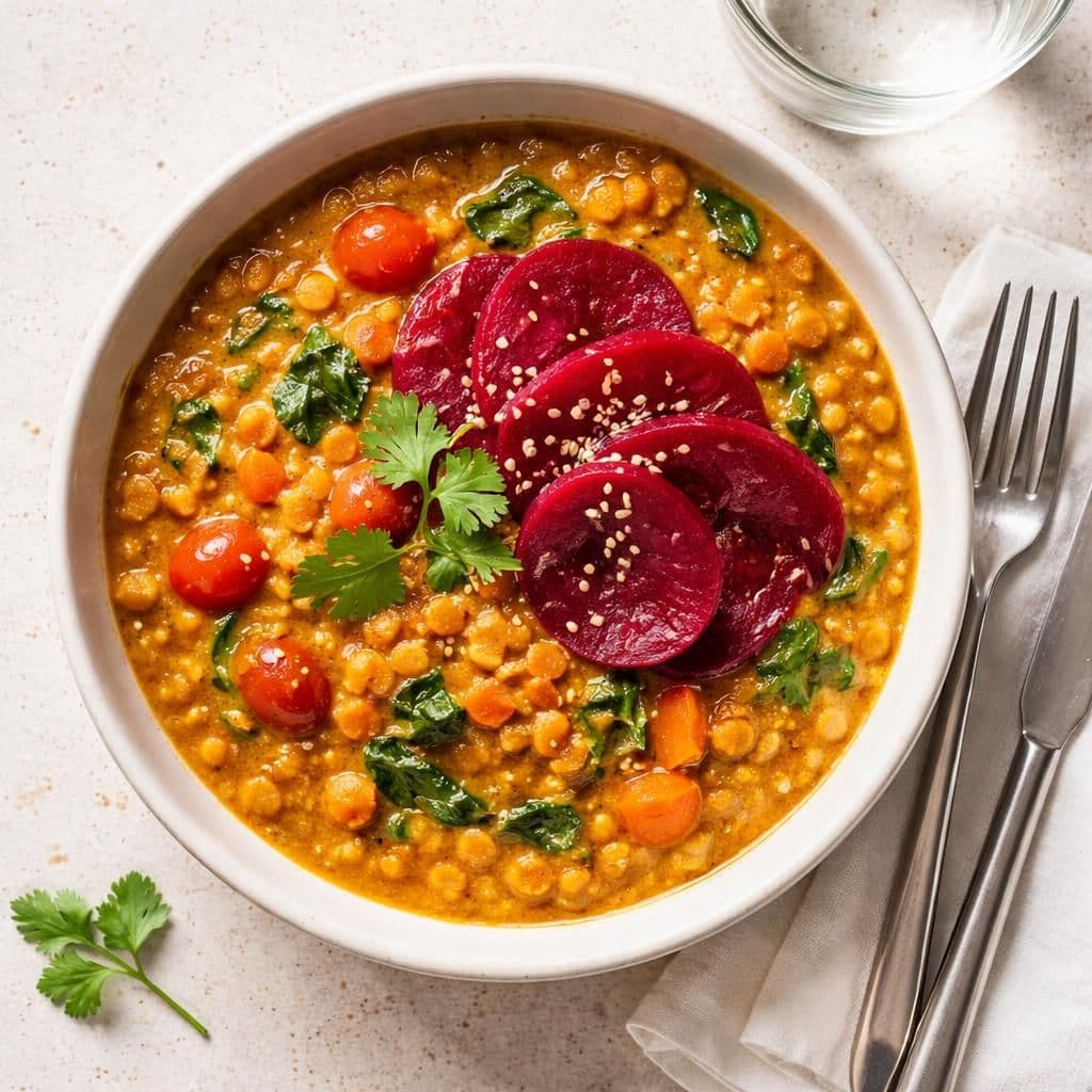 Røde linser i karri med syltede rødbeter