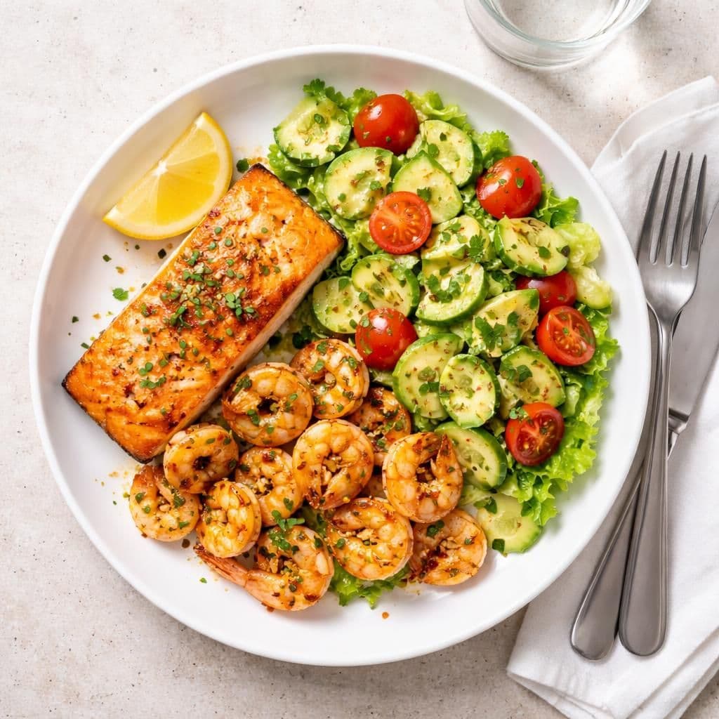 Stekt laks med hvitløkscampi og avokadosalat